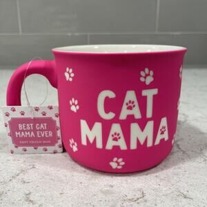 CAT MAMA Hot Bright Neon Pink SOFT TOUCH Coffee Mug Paw Prints Mom Gift Tag